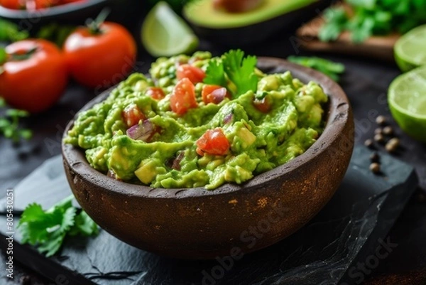 Fototapeta Guacamole with vegetables in a plate on a table in a cafe
