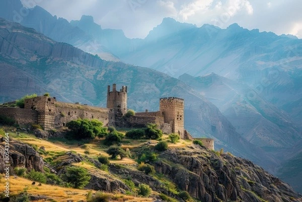 Obraz Sunset over green mountain with atlantic ocean, Faroe islands - Kallur lighthouse. Beautiful simple AI generated image in 4K, unique.