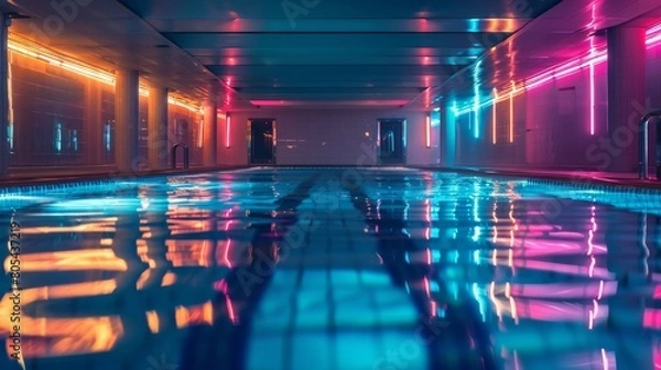 Fototapeta Swimming Pools Neon Lights: A photo showcasing an empty swimming pool with neon lighting and underwater lights