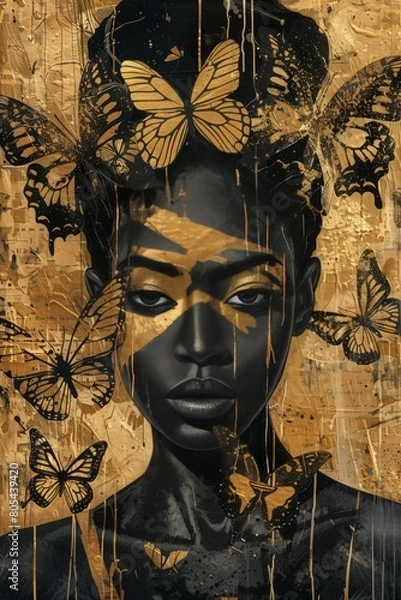 Obraz A close-up painting of an African American woman's face, detailed in black and highlighted with gold, with butterflies artistically placed as if they are whispering secrets. AI generated
