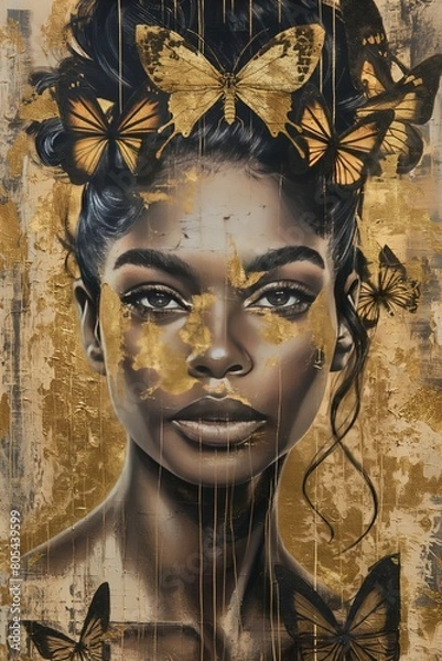 Obraz A close-up painting of an African American woman's face, detailed in black and highlighted with gold, with butterflies artistically placed as if they are whispering secrets. AI generated