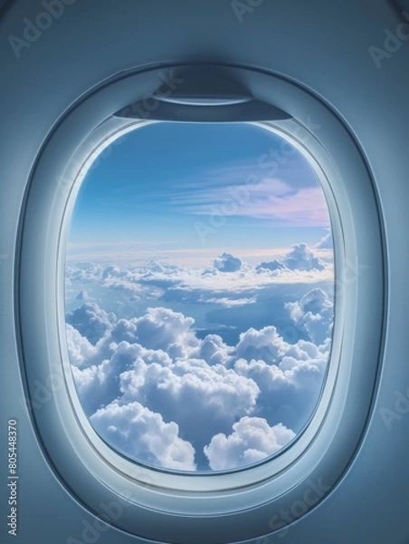 Fototapeta Airplane window. Beautiful view of sky and clouds through the aircraft window. Concept of travel and air transportation