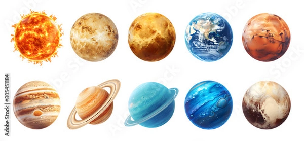 Fototapeta Collection of solar system planets isolated on transparent background. Cut out design elements for astronomy. Planetary collection for kids school education. Set of realistic illustrations about space