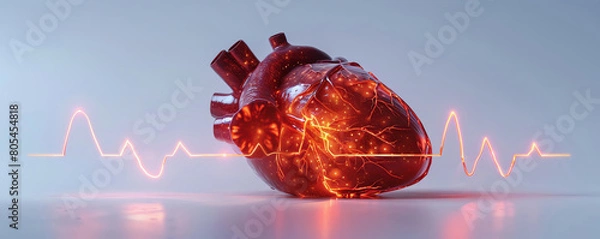 Fototapeta A dynamic 3D render of a heart, shown on an isolated white background The heart is detailed with an ECG overlay, conveying a medical theme, with ample space for copy