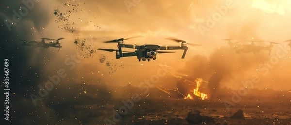 Fototapeta An epic aerial battle between a military drone and a squadron of enemy fighter jets