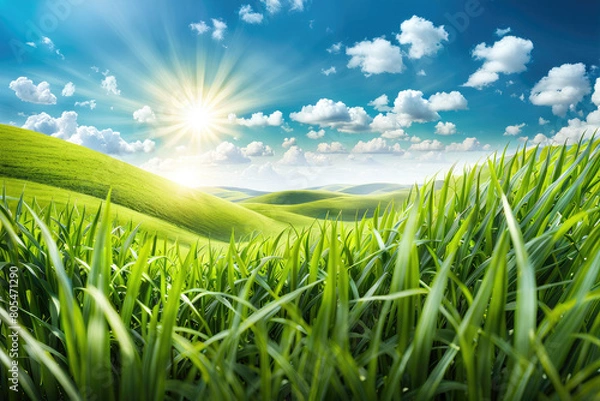 Obraz  Green Field Landscape with some Trees and Blue Sky on Bright Sun Light