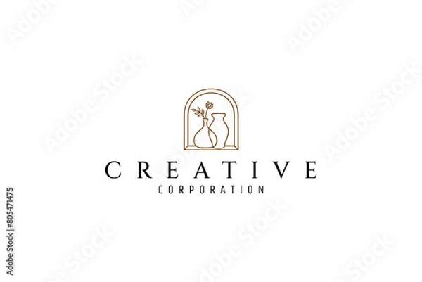 Fototapeta flower vase logo placed on house window in line art design style