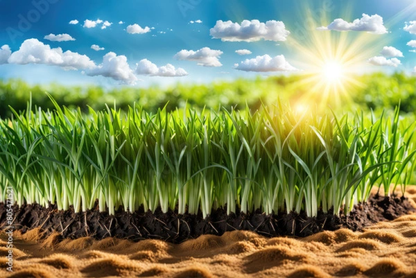 Obraz Green Field Landscape with Exposed soil  and Blue Sky on Bright Sun Light