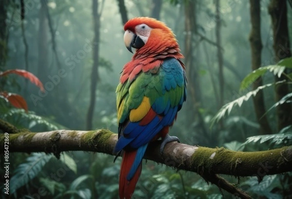 Fototapeta A vibrant parrot perched amidst the dense rainforest, echoing calls of the wild.