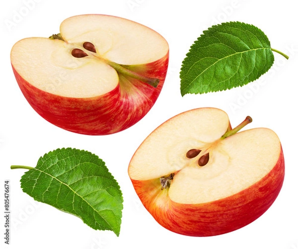 Fototapeta Sliced red apple halves with leaves isolated on transparent background.