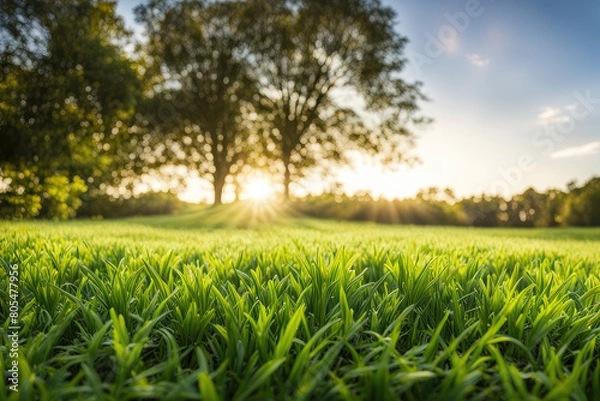 Obraz Green Field Landscape with some Trees and Blue Sky on Bright Sun Light