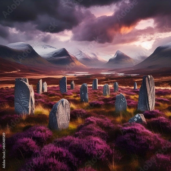 Obraz Fantasy standing stones on heather moorland with mountains
