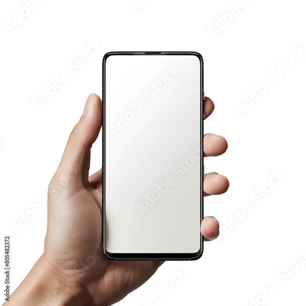 Fototapeta Ręka trzymająca biały telefon Samsung w centrum kadru. Telefon jest w pełni widoczny, a tło jest neutralne