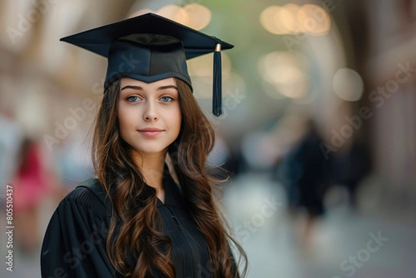 Fototapeta Happy female graduate student in graduation gown and cap standing on a college campus