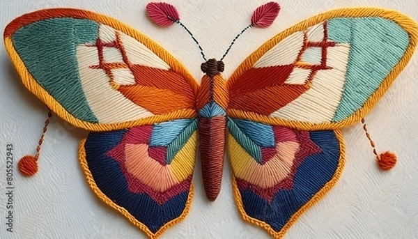 Fototapeta A low poly-style butterfly embroidery with vibrant colors on a simple white background