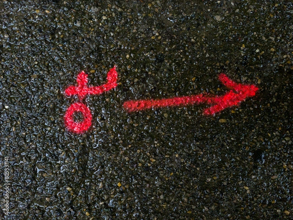 Obraz une fleche réalisée avec une bombe de peiture sur le goudron d'une route mouillée