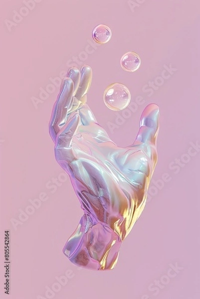 Fototapeta A surreal, digital rendering of a metallic hand reaching up with shiny bubbles floating around, against a pink background