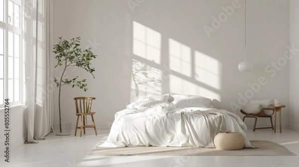 Fototapeta A minimalist bedroom with Scandinavian influences, characterized by simplicity, natural materials, and a neutral color palette.