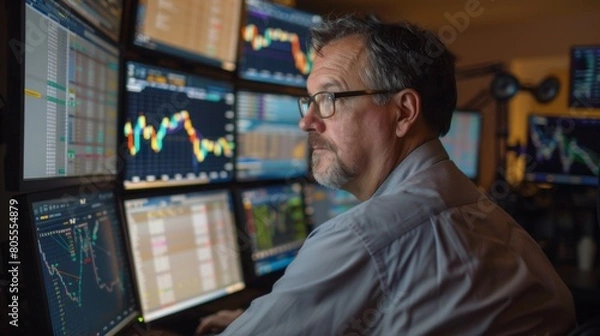 Fototapeta A professional trader monitoring gold price movements on multiple screens, leveraging technical analysis for profitable trading strategies.