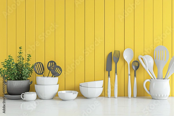 Fototapeta kitchen utensils with yellow wall on white table. 3d rendering.