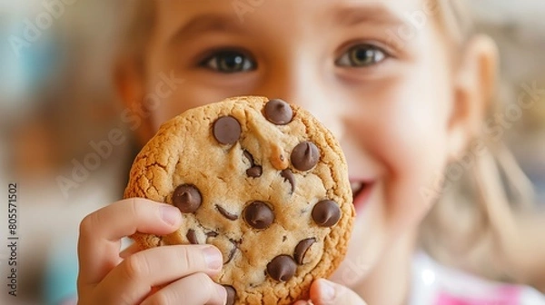 Fototapeta Young child grasping a chocolate chip cookie in hand