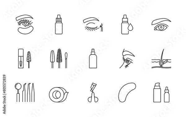 Obraz Lashes Extension related line icons. Linear illustration set - open eye, lashes, tools, a lash curler, a patch, strap, glue, mask, brushes, cosmetics, brow. Minimalist illustration, editable strokes