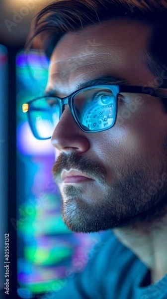 Fototapeta Close-up Portrait of a Man Engrossed in Computer Work