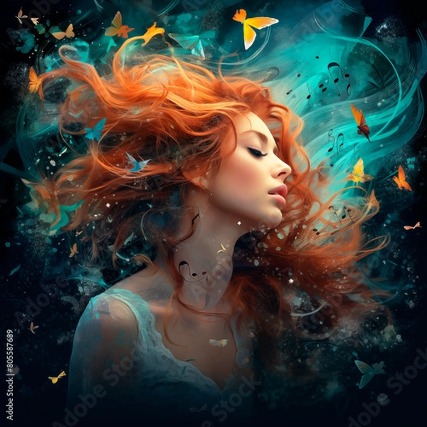 Obraz Artistic painting of a woman with flowing hair with butterflies flying around on a blue background that resembles wind or water. Conceptual cover for music album.