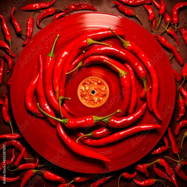 Obraz conceptual photo of a vinyl record with many red peppers