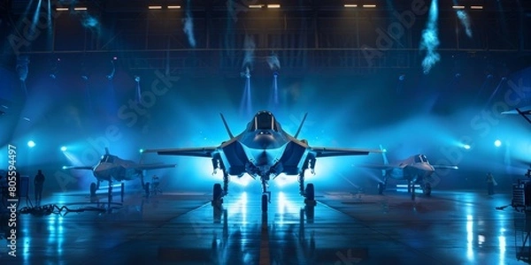 Fototapeta Cinematic photo shows an F35 fighter jet in the hangar getting ready for takeoff, surrounded by blue lights and special effects.