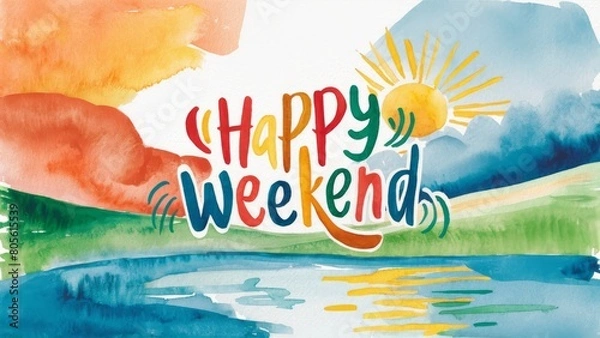 Obraz A watercolor illustration titled "Happy Weekend." The artwork portrays an abstract landscape with warm and cool colors. The vibrant palette is reminiscent of a sunrise or sunset. 