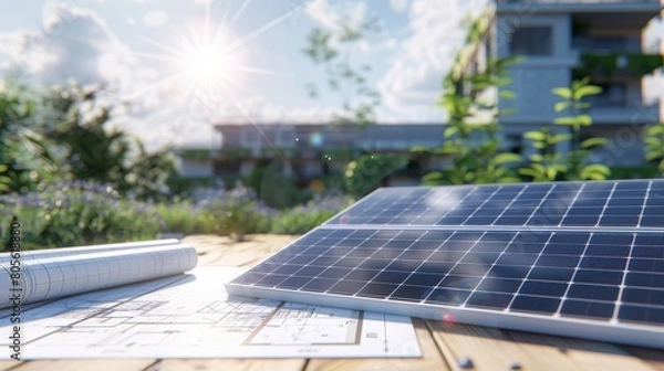 Fototapeta Solar panel and blueprints on the table, photovoltaic panels with a blurred focus background, landscape view of modern green sustainable energy power plants.