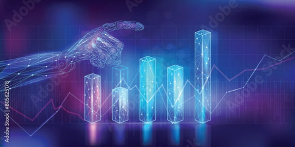 Fototapeta A vibrant polygonal infographic that is abstract and includes financial charts and a robot hand.