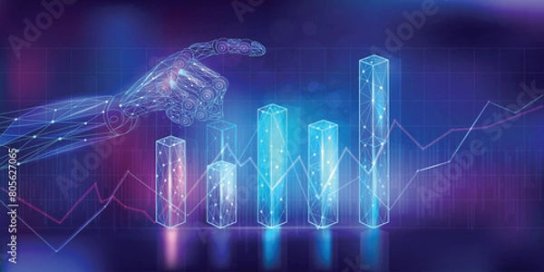 Fototapeta Abstract financial infographics with polygonal graphic charts and a robot hand.