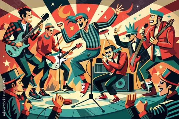 Fototapeta Illustration of a vibrant rock concert featuring seven diverse male musicians, including guitarists, a bassist, a singer, and a keyboardist, all dressed in colorful and eclectic outfits