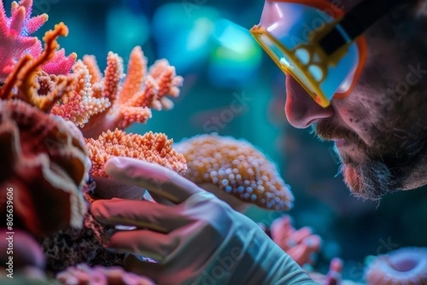 Obraz A charismatic closeup portrait of a marine biologist examining coral specimens, half body colorful strange bizarre sharpen blur background with copy space