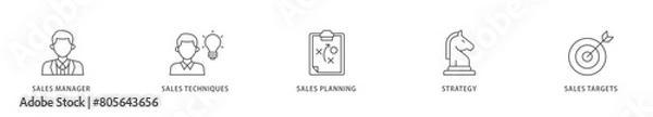 Fototapeta Sales management icon packs for your design digital and printing of manager, sales techniques, planning, strategy, and targets icon live stroke and easy to edit 