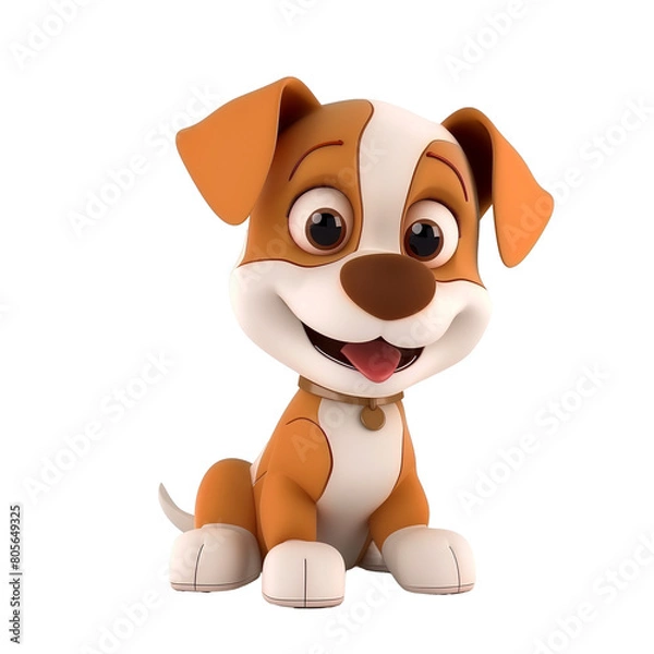Fototapeta Puppy, a cartoon character dog, 3D illustration for children. A domestic animal that looks cute, adorable, and joyful on a transparent background. A charming print of a fairy-tale dog for clothing