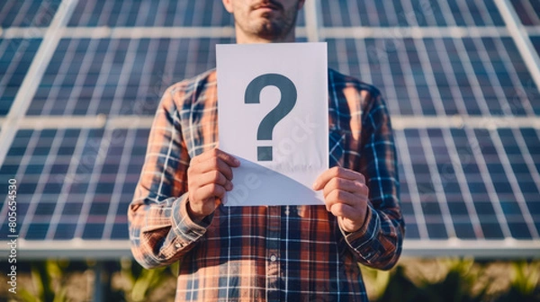 Obraz Man holding paper with question mark symbol on solar panel background