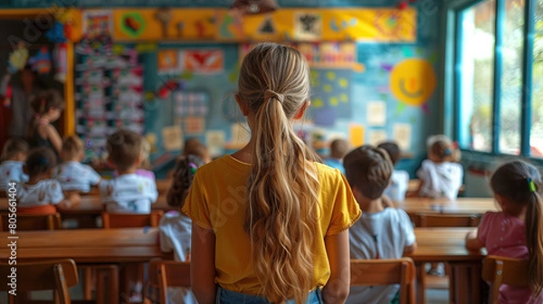 Fototapeta Young Girl Observes Classroom from Back