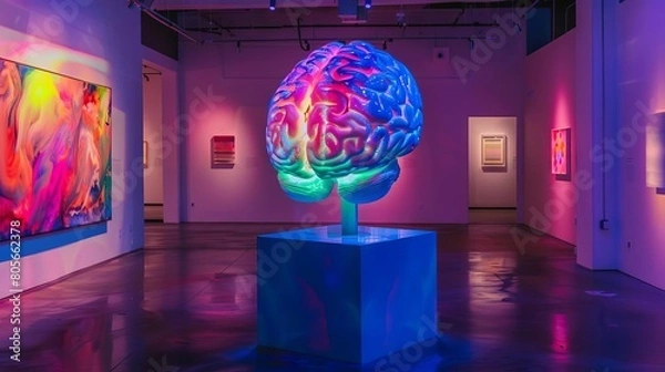 Fototapeta A frozen brain sculpture on a pedestal, illuminated by colorful lights in an art gallerylike setting