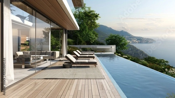Fototapeta Elegant modern home with a poolside terrace and stunning mountain views, AI Generative.