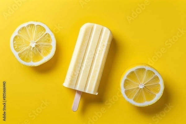 Fototapeta Vanilla yellow popsicle with fresh lemon slices on a yellow background. Flat lay, top view, copy space. Natural homemade lemon icecream. Summer concept for banner, poster, web