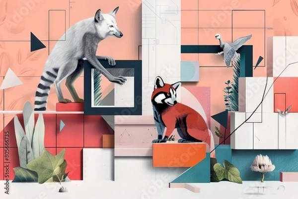 Fototapeta A whimsical concept where overlapping geometric shapes contain playful animal illustrations