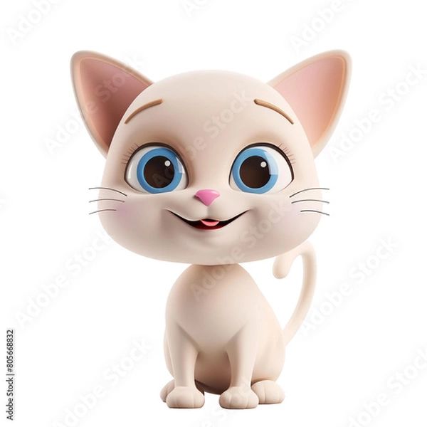 Obraz Cartoon character kitten 3d illustration for children. Cute fairytale cat print for clothes, stationery, books, merchandise. Toy kitten 3D character a transparent background. Cartoon character 3d cat.