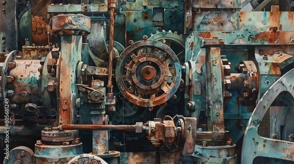 Fototapeta Artistic watercolor showing an array of intertwined rusty machine parts, each element detailed to showcase the wear and history of industry