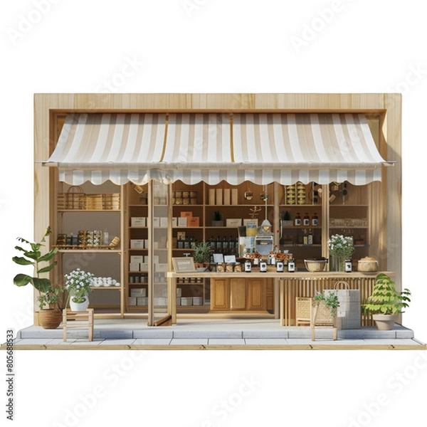 Fototapeta A small store with a white awning and a green plant in a pot