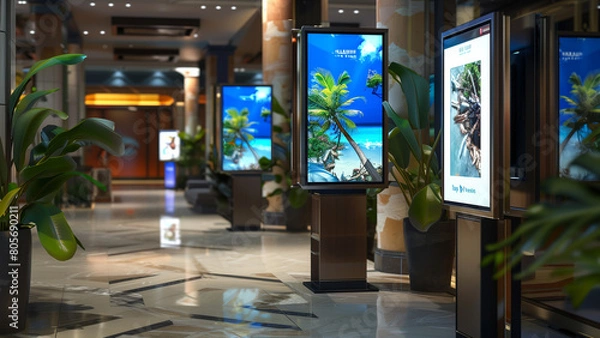 Obraz Digital Mosaic: Varied Signage Displays in a Hotel Lobby