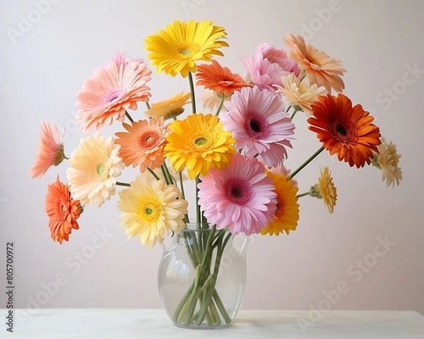 Fototapeta Ethereal arrangement of Gerbera Daisies in watercolor, yellow for cheer, red for love, and pink for admiration, against a soft hue background ,  against pur white background