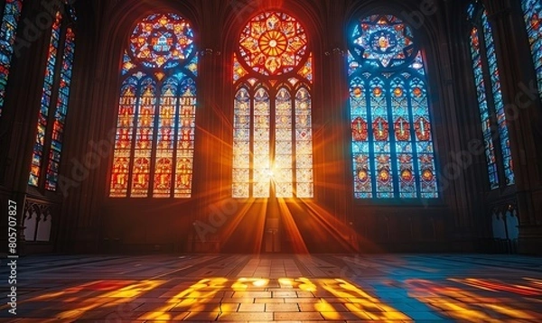 Fototapeta Round stained glass window in a historic cathedral, sunlight streaming through,
